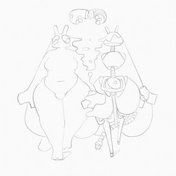 anthro belly big_belly breasts bulge collar duo female machine navel standing tail thick_thighs sofmallow pudding_(sofmallow) robot robot_anthro 1:1 2025 hi_res monochrome nonbinary_(lore)
