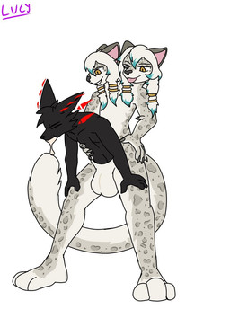 2_heads anthro black_body bodily_fluids cock_transformation cum emitting_cum genital_fluids grey_body group hologram hologram_hair intersex intersex/male male masturbation multi_head nude penile penile_masturbation standing transformation trio aylethearcticfox sareb_(sareb) tachey_(spinydan) canid canine canis felid feline leopard_cat mammal prionailurus wolf hi_res
