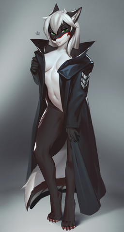 anthro black_body black_fur bottomless breasts clothed clothing coat coat_only covering covering_breasts covering_self ear_tuft female fur green_eyes hair ineffective_clothing inner_boob inner_ear_fluff jacket jacket_only looking_at_viewer midriff mostly_nude navel open_clothing open_topwear simple_background solo standing topwear topwear_only trenchcoat tuft white_body white_fur white_hair shermugi mia_(kamikazekit) canid canine canis mammal wolf 2025 absurd_res hi_res