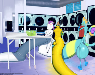 absurdly_long_penis anthro appliance balls big_balls big_penis blue_body blue_skin clothing floor furniture genitals group hair hat headgear headwear huge_balls huge_penis hyper hyper_balls hyper_genitalia hyper_long_penis hyper_penis laundromat laundry_basket laundry_machine male penis purple_hair shirt sign slightly_chubby slim table text topwear trio white_body white_skin yellow_body yellow_skin seriftarkus bandai_namco digimon mario_bros nintendo pokemon digimon_(species) generation_8_pokemon gomamon inteleon koopa magikoopa pokemon_(species) scalie absurd_res hi_res url
