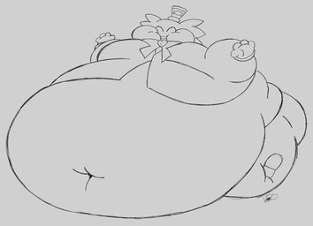 anthro belly big_belly huge_belly hyper hyper_belly inflation male mascot mascot_costume morbidly_obese morbidly_obese_anthro morbidly_obese_male navel obese obese_anthro obese_male overweight overweight_anthro overweight_male permanent_smile solo joe-anthro epic_games fortnite wonkee_(fortnite) humanoid hi_res monochrome