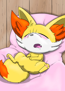 3_fingers 3_toes ambiguous_gender anus bedding blanket blush bodily_fluids cute_fangs dipstick_tail drooling eyes_closed fangs feet feral fingers fur hand_on_belly inner_ear_fluff lying markings on_back open_mouth pawpads pink_blanket pink_blush pink_pawpads red_inner_ear_fluff red_tail_tip saliva sleeping solo tail tail_markings teeth toes tuft x_anus yellow_body yellow_fur young young_ambiguous young_feral yuki_(8l3ftmb4hiuewtm) nintendo pokemon sora_(yuki) fennekin generation_6_pokemon pokemon_(species) hi_res