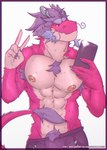 5_fingers abs anthro anthrofied areola armpit_hair barbel_(anatomy) bodily_fluids body_hair border cellphone chest_hair claws clothed clothing electronics finger_claws fingers flesh_whiskers fur gesture hair hand_gesture holding_cellphone holding_object holding_phone horn male mirror_selfie nipples pecs phone pink_body pink_fur pubes purple_border purple_hair selfie solo sweat tail tail_tuft text topless tuft underwear v_sign eugenemironov17 asian_mythology east_asian_mythology mythology wish_dragon long_(wish_dragon) dragon eastern_dragon mythological_creature mythological_scalie scalie hi_res url