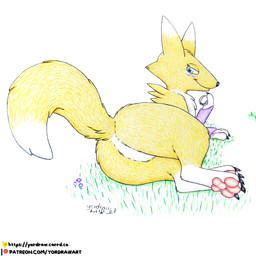 3_toes anthro black_nose blue_eyes butt claws feet female flower foot_fetish fur grass looking_at_viewer looking_back lying_on_ground on_ground pawpads paws plant presenting presenting_hindquarters raised_tail smile smiling_at_viewer solo tail toes yellow_body yellow_fur yordraw bandai_namco digimon canid digimon_(species) mammal renamon 1:1 hi_res painting_(artwork) traditional_media_(artwork) traditional_painting_(artwork)