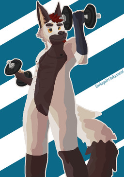 5_fingers abs abstract_background anthro athletic beard brown_body brown_ears brown_eyebrows brown_fur brown_nose brown_tail_tip dipstick_tail dumbbell ear_tuft exercise eyebrows facial_hair fingers flexing fur hair inner_ear_fluff leg_markings lifting_dumbbell male markings nipples orange_eyes outline pattern_background red_beard red_facial_hair red_hair showing_off_muscles simple_background socks_(marking) solo standing striped_background tail tail_markings tan_body tan_fur tuft weightlifting weights white_background white_body white_fur white_outline white_tail whitebody workout garbage_art ginger_(gingerfoxo) canid canine fox mammal absurd_res cel_shading digital_media_(artwork) hi_res shaded
