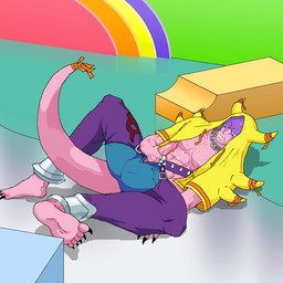 bodily_fluids chain clothing erection genital_fluids genitals holding_penis hoodie humanoid_genitalia humanoid_penis lying male masturbation muscular muscular_humanoid muscular_male not_furry on_back penile penile_masturbation penis precum rainbow solo spikes stage sweat topwear kinako-boo bushiroad future_card_buddyfight demon_lord_asmodai demon humanoid mammal 1:1
