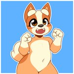 anthro blue_background brown_eyes casual_nudity cute_fangs fangs female fist fur looking_up navel open_mouth open_smile orange_body orange_fur raised_arms simple_background smile solo standing tail teeth young kloudmutt bluey_(series) bingo_heeler australian_cattle_dog canid canine canis cattledog domestic_dog herding_dog mammal pastoral_dog sheepdog 1:1 hi_res