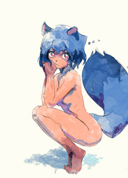 blue_tail breasts crouching ellipsis featureless_breasts female side_boob simple_background sitting solo squatting_pose tail thinking white_background butterchalk brand_new_animal studio_trigger michiru_kagemori canid canine humanoid mammal raccoon_dog tanuki 2025 hi_res painting_(artwork) watercolor_(artwork)