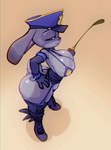 anthro big_breasts biped boots breasts clothed clothing cop_hat ears_down female footwear grey_body holding_object looking_at_viewer pink_nose pivoted_ears police police_uniform shoes simple_background skimpy solo teeth uniform yellow_background bigdad disney zootopia judy_hopps lagomorph leporid mammal rabbit