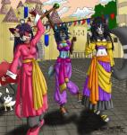 adventure anthro black_hair blue_body blue_fur blue_hair breasts brown_body brown_fur city cleavage clothed clothing female footwear fur grey_body grey_fur group hair jewelry magician melee_weapon navel navel_piercing outside piercing polearm purple_hair red_body red_fur sandals shoes staff weapon white_body white_fur the_dark_mangaka dragon_quest square_enix canid canine domestic_cat felid feline felis fox mammal 2014 digital_media_(artwork)