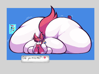 accessory anthro bedroom_eyes belly big_belly big_butt big_moobs bottom_heavy butt color_swatch dialogue femboy fur hair hair_accessory half-closed_eyes heart_after_text heart_symbol holding_head huge_belly huge_butt huge_hips huge_moobs hyper hyper_butt hyper_hips looking_at_viewer lying male moobs morbidly_obese morbidly_obese_anthro morbidly_obese_male motion_lines narrowed_eyes nude obese obese_anthro obese_male on_front open_mouth open_smile outline overweight overweight_anthro overweight_male pink_arms pink_body pink_ears pink_fur pink_hair pink_tail ribbons seductive simple_background smile smug solo speech_bubble squish tail talking_to_viewer text text_box white_body white_fur wide_hips atsuineko nintendo pokemon fan_character velvet_(atsuineko) eeveelution generation_6_pokemon pokemon_(species) sylveon 2026 english_text hi_res shaded signature simple_shading