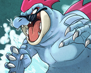 armor back_spikes blue_body body_armor buccinator claws countershade_jaw eye_scar eyewear facial_scar feral finger_claws gums head_spikes pecs pink_tongue red_eyes scales scar sharp_teeth solo spikes spikes_(anatomy) sunglasses teeth throat tongue wave wearing_sunglasses reoisready nintendo pokemon feraligatr generation_2_pokemon pokemon_(species) 2012 5:4