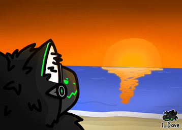 anthro beach big_ears black_body black_fur chill fluffy fur glistening green_face green_lines head_tuft inner_ear_fluff landscape looking_at_sunset machine male orange_sky protogen_visor reflection relaxing sand sea sky solo sunset tuft visor water water_reflection white_fur_tuft white_inner_ear_fluff 1dave_(artist) sam_the_toaster protogen hi_res shaded watermark