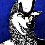 anthro blue_background clothing fur hat headgear headwear looking_at_viewer male one_eye_closed open_mouth simple_background solo teeth top_hat wink yellow_eyes conditional_dnp ratte thehuskyk9 canid canine canis domestic_dog husky mammal nordic_sled_dog spitz 1:1 2017 digital_media_(artwork)