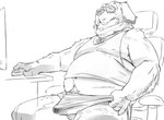 anthro belly bulge clothed clothing computer electronics erection erection_under_clothing eyewear glasses humanoid_hands kemono male overweight overweight_male shirt sitting solo topwear underwear yamakake canid canine canis domestic_dog mammal 2022 hi_res monochrome