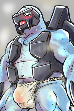 anthro asian_clothing barazoku blush bodily_fluids body_hair bulge chest_hair clothed clothing detailed_bulge east_asian_clothing fundoshi fundoshi_only hairy_thighs japanese_clothing leg_hair looking_at_viewer male mostly_nude_anthro mostly_nude_male musclegut muscular musk navel overweight overweight_anthro overweight_male pubes solo sweat thick_thighs topless underwear underwear_only miwotsukushi020 nintendo pokemon carracosta fossil_pokemon generation_5_pokemon pokemon_(species) hi_res
