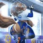 anthro areola big_areola big_breasts big_butt blue_eyes bodily_fluids bottomwear breasts brown_areola brown_body brown_fur brown_hair butt clothing covered_eyes female fluffy fluffy_tail fur genital_fluids genitals gloves hair hairy_pussy handwear huge_breasts lifted_topwear logo_on_clothing looking_at_viewer multicolored_hair neck_tuft outside pants pubes pussy raised_arm raised_tail side_boob slightly_chubby slightly_chubby_female solo sponsor tail thick_thighs tight_suit torn_bottomwear torn_clothing torn_pants tuft two_tone_hair vaginal_fluids memonius adidas audi bmw furaffinity pirelli sofurry juno_(charliecorvinus) canid canine canis domestic_dog livestock_guardian_dog mammal molosser mountain_dog pastoral_dog tibetan_mountain_dog 1:1 absurd_res hi_res