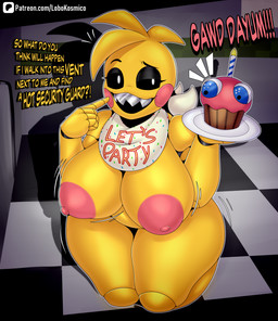 anthro anthrofied beakless bib big_breasts black_sclera blush blush_stickers breasts clothing curvy_figure detailed_background female gesture hand_gesture joints kneeling machine nipples non-mammal_breasts non-mammal_nipples pointing pointing_at_mouth pointing_at_self pupils sharp_teeth smile solo teeth text thick_thighs voluptuous white_eyes wide_hips yellow_body lobokosmico five_nights_at_freddy's five_nights_at_freddy's_2 scottgames cupcake_(fnaf) toy_chica_(fnaf) animatronic avian bird chicken galliform gallus_(genus) phasianid robot robot_anthro 2025 absurd_res digital_media_(artwork) english_text hi_res