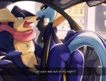 blue_body butt car car_interior duo inside_car male tail text tongue vehicle white_body donutella he_wants_to_order nintendo pokemon flash_(donutella) rene_(donutella) amphibian generation_6_pokemon generation_8_pokemon greninja inteleon pokemon_(species) hi_res meme