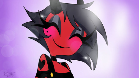 black_hair blush eyes_closed female glint hair heart_(marking) horn markings mole_(marking) red_body red_skin simple_background smile solo emositecc hellaverse helluva_boss millie_(helluva_boss) demon demon_humanoid humanoid imp 16:9 colored hi_res widescreen