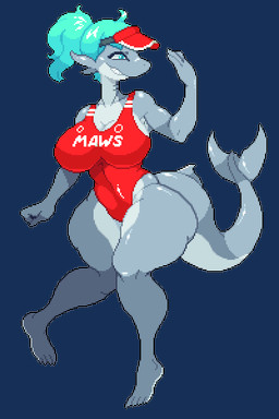 anthro big_breasts breasts cleavage clothed clothing eyelashes feet female female_anthro glistening glistening_body glistening_thighs hair humanoid_feet humanoid_hands navel navel_outline non-mammal_breasts non-mammal_navel one-piece_swimsuit plantigrade ponytail red_visor simple_background smile solo swimwear tail teal_eyes teal_hair text text_on_clothing text_on_swimsuit text_on_swimwear thick_thighs transparent_background wide_hips koguiga aquatic fish shark 2:3 alpha_channel digital_media_(artwork) english_text pixel_(artwork)