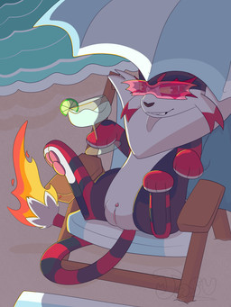 alcohol beach beach_chair beach_towel beach_umbrella beverage chair eyewear female fire flaming_tail furniture genitals grin grinning_at_viewer looking_at_viewer night on_chair parasol pawpads sea sitting sitting_on_chair smile smiling_at_viewer solo sunglasses tail towel vulva water jasucharm nintendo pokemon saoirse_(jasucharm) generation_7_pokemon litten pokemon_(species) 3:4 absurd_res colored digital_drawing_(artwork) digital_media_(artwork) hi_res line_art shaded