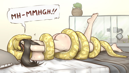 5_toes ambiguous_gender ambiguous_pred bed bedding blanket blush breast_squish breasts butt ear_piercing feet female female_prey feral furniture glass_cage human_prey inside lock padlock piercing pillow plant solo squish text toes unwilling_prey vore yellow_body maximignon human mammal reptile scalie snake 16:9 widescreen