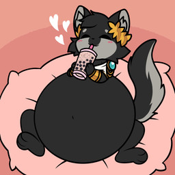 belly belly_expansion beverage bubble_tea chibi chugging expansion greek_clothing lying overweight paws simple_background pompuffy_(artist) eroclese_(eroclesead) canid canine canis mammal wolf 1:1 hi_res