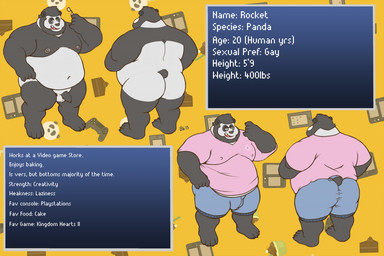 anthro balls belly black_body black_fur black_nose bottomwear butt clothing flaccid fur genitals male moobs multiple_poses navel nipples overweight overweight_anthro overweight_male penis pose shirt shorts solo text topwear white_body white_fur bennybeah bear giant_panda mammal 2015 english_text model_sheet