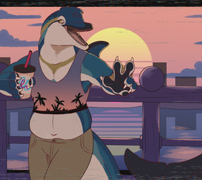 5_fingers anthro belly blue_body blue_tail bottomwear brown_bottomwear brown_clothing claws clothing cloud dorsal_fin fin fingers forked_tail front_view head_tuft leaning leaning_backward male membrane_(anatomy) navel orange_sky sky slightly_chubby solo standing sunset tail tuft unusual_anatomy unusual_tail webbed_hands white_body white_claws white_tail swampjaws aquatic cetacean dolphin mammal oceanic_dolphin toothed_whale hi_res