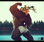 abs anthro antlers beard biceps black_bars blonde_hair butt canadian facial_hair flexing forest hair horn lake male muscular muscular_arms muscular_male nipples nude_anthro plant pose smile solo text tree vetrowolf deer mammal 2016 english_text hi_res letterbox