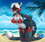 anthro beach big_breasts big_butt big_tail blue_pawpads blush breasts butt clothed clothing detailed_background female fur hair looking_at_viewer pawpads paws red_clothing red_eyes red_hair red_swimwear sea seaside smile solo spots summer swimwear tail water white_hair chenannanm felid leopard mammal pantherine absurd_res hi_res