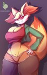 5:8 anthro big_breasts big_tail braixen breasts canid canine canis chubchubbyart cleavage cleavage_overflow clothed clothing curvy_female curvy_figure ear_tuft eyewear fan_character fangs female fennec_fox fox fur generation_6_pokemon glasses hi_res humanoid inner_ear_fluff looking_at_viewer mammal nintendo pokemon pokemon_(species) pose red_body red_eyewear red_fur red_glasses simple_background smile solo standing sunglasses tail teeth thick_thighs true_fox tuft white_body white_fur yellow_body yellow_fur