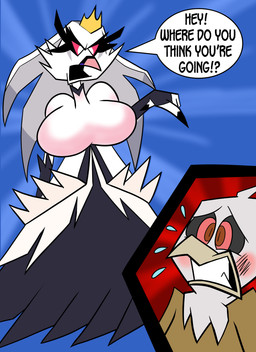 angry big_breasts blush breasts duo female gesture hand_gesture male pointing scared text pembrokewkorgi hellaverse helluva_boss stella_(helluva_boss) accipitrid accipitriform avian bird demon grimm monster owl 2022 absurd_res english_text hi_res