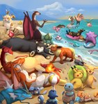 ambiguous_gender anthro beach biped black_body black_fur blue_body blue_eyes blue_sky brown_shell cloud day dipstick_ears dot_eyes ear_markings eyes_closed facial_markings feral fire flaming_tail fur group head_markings horn large_group lying markings membrane_(anatomy) membranous_wings mountain mouth_closed multicolored_ears on_back on_front open_mouth open_smile orange_body orange_fur outside pink_eyes pink_wings purple_body quadruped red_body red_markings red_wings sand_castle sculpture seaside shell shovel simple_eyes sitting sky sleeping smile standing striped_arms tail tan_shell tools water white_body white_fur wings yellow_body yellow_fur yellow_markings roobin nintendo pokemon arcanine beedrill bulbasaur charizard ditto_(pokemon) eevee eeveelution espeon flareon generation_1_pokemon generation_2_pokemon generation_3_pokemon generation_7_pokemon generation_9_pokemon gyarados hoppip jigglypuff krabby lapras legendary_pokemon lugia luvdisc mew_(pokemon) pikachu pokemon_(species) poliwag popplio psyduck squirtle totodile umbreon wiglett hi_res