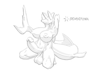 anthro balls big_breasts big_penis breasts crouching erection genitals gynomorph hand_behind_head huge_breasts huge_penis intersex inverted_nipples nipples nude penis simple_background solo its_mattress aquatic fish humanoid scalie shark unspecified greyscale monochrome