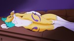 anthro bodily_fluids female furniture genital_fluids genitals markings nude peeing peeing_on_furniture pussy sleeping solo urine watersports yellow_body lycadio bandai_namco digimon digimon_(species) renamon 16:9 digital_media_(artwork) hi_res shaded widescreen