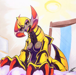 ambiguous_gender anthro black_sclera blush blush_lines bodily_fluids breasts claws eyelashes featureless_breasts green_body non-mammal_breasts open_mouth red_eyes solo sweat tail 025aki nintendo pokemon arthropod generation_5_pokemon haxorus pokemon_(species) scalie 2025 absurd_res dated hi_res signature