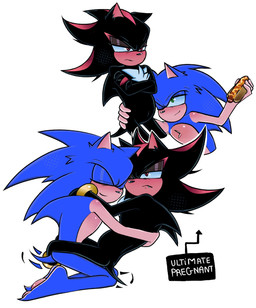 anthro black_body black_fur black_nose blue_body blue_fur chest_tuft cuddling directional_arrow duo fur green_eyes hand_on_hip humanoid_hands male male/male navel pregnant pregnant_anthro pregnant_male red_body red_eyes red_fur simple_background tail tail_motion tailwag tan_body tan_fur text text_box tuft white_background nekoshad sega sonic_the_hedgehog_(series) shadow_the_hedgehog sonic_the_hedgehog eulipotyphlan hedgehog mammal 2026 digital_drawing_(artwork) digital_media_(artwork) english_text hi_res