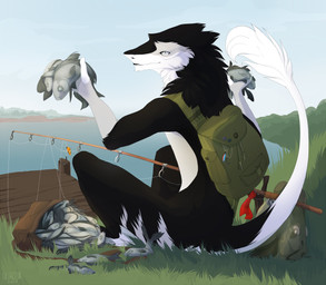 ambiguous_gender anthro backpack black_body black_fur fishing fishing_rod fur grass grey_eyes looking_at_viewer pier plant seaside solo tail water white_body white_fur aklazzix aquatic fish sergal