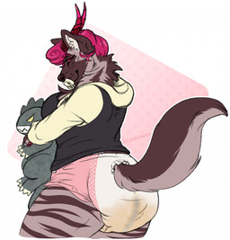 anthro black_sclera blush blush_lines clothing curly_hair diaper feces female hair holding_object holding_plushie hoodie object_in_mouth pacifier pacifier_in_mouth pink_hair plushie side_view smile soiled_diaper soiling solo stripes thick_thighs topwear unclean_diaper used_diaper eviescribbles mythology bri_(kalash) canid canid_demon canine demon hellhound hyena mammal mythological_canine mythological_creature hi_res
