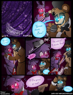blue_eyes blush bow_(feature) bow_tie curtains dialogue duo electric_guitar electronics ellipsis embarrassed erection genitals guitar machine male male/male metal_penis microphone musical_instrument penis plucked_string_instrument red_eyes string_instrument text felinesyndr0me five_nights_at_freddy's scottgames bonnie_(fnaf) freddy_(fnaf) animatronic bear lagomorph mammal robot robot_anthro comic digital_media_(artwork) english_text multiple_scenes url watermark