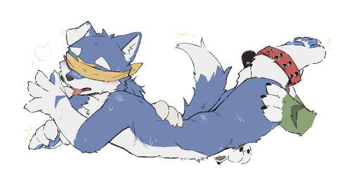 5_fingers anthro blindfold blue_body blue_pawpads blush bodily_fluids breath collar collar_on_feet disembodied_hand fingers hand_on_back hand_on_crotch hand_on_legs kemono lying male on_front panting pawpads side_view simple_background solo sweat tongue tongue_out white_background white_body tobenaibuka canid canine canis mammal wolf