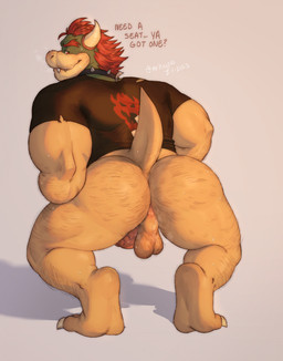 anthro anus backsack balls barefoot bedroom_eyes big_butt big_muscles bodily_fluids body_hair bottomless bubble_butt butt butt_hair claws clothed clothing collar crouching dialogue erection eyebrows feet genitals grey_background hair horn huge_butt humanoid_genitalia humanoid_penis imminent_facesitting inviting leg_hair looking_at_viewer looking_back looking_back_at_viewer male muscular muscular_anthro muscular_male musk narrowed_eyes penis perineum presenting presenting_anus presenting_hindquarters raised_tail red_hair seductive shadow shirt simple_background smile soles solo spiked_collar spikes standing sweat t-shirt tail talking_to_viewer teeth text topwear mrkeypoo mario_bros nintendo bowser koopa scalie 2023 dated english_text hi_res signature url