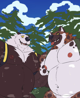 anthro armpit_hair backpack barazoku belly belly_tuft biceps bodily_fluids body_hair breath chest_tuft cloud deltoids duo forearm_muscles male male/male manly musclegut muscular muscular_arms musk navel neck_tuft nipples nude nude_hiking open_mouth pecs plant slightly_chubby sweat sweatdrop tongue tongue_out tree triceps tuft yellow_sclera cosmictail mentally_i'm_here_(meme) forrest_(cosmictail) zayn_(cosmictail) hyena mammal mustelid otter sea_otter half-length_portrait hi_res portrait