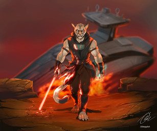 blue_lighting desert fire light lightsaber melee_weapon muscular red_eyes red_lightsaber sith sith_lord star_destroyer weapon wreckage osleepyevil star_wars ricius_teck cougar felid feline mammal animated hi_res lighting
