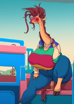 anthro big_breasts bottomwear breasts brown_hair clothed clothing cloven_hooves curvy_figure denim denim_bottomwear denim_clothing digit_ring ear_piercing ear_ring eyewear female fingers glasses hair hooves huge_breasts jeans jewelry mature_anthro mature_female necklace open_mouth outside pants piercing ring ring_piercing sitting solo sweater tail text thick_thighs topwear voluptuous wedding_ring wide_hips javanshir giraffe_mom giraffe giraffid mammal 2026 artist_name dated hi_res