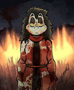 ambiguous_gender blood blood_on_clothing blood_on_face blood_on_hand blood_splatter bodily_fluids clothing cult cultist hair long_hair solo squeakygears chappie_(squeakygears) amphibian deity frog hi_res