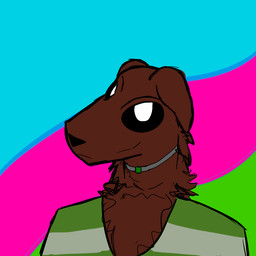 ambiguous_gender anthro black_sclera brown_body brown_fur chest_tuft closed_smile clothing floppy_ears fluffy fur green_clothing green_shirt green_topwear jewelry looking_at_viewer mouth_closed neck_tuft necklace pattern_clothing pattern_shirt pattern_topwear pupils shirt simple_background smile snout solo striped_clothing striped_shirt striped_topwear stripes t-shirt topwear tuft unusual_pupils white_pupils invitedrhino683 lucille_(invitedrhino683) bird_dog canid canine canis domestic_dog flat_coated_retriever hunting_dog mammal retriever 1:1 colored flat_colors portrait genderfluid_(lore)