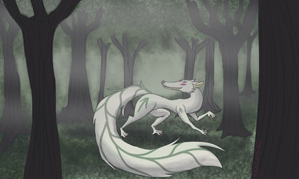 female feral fog foggy_background forest forest_background plant solo tree razzle_the_red canid canine demon fox fox_spirit mammal 5:3 absurd_res hi_res